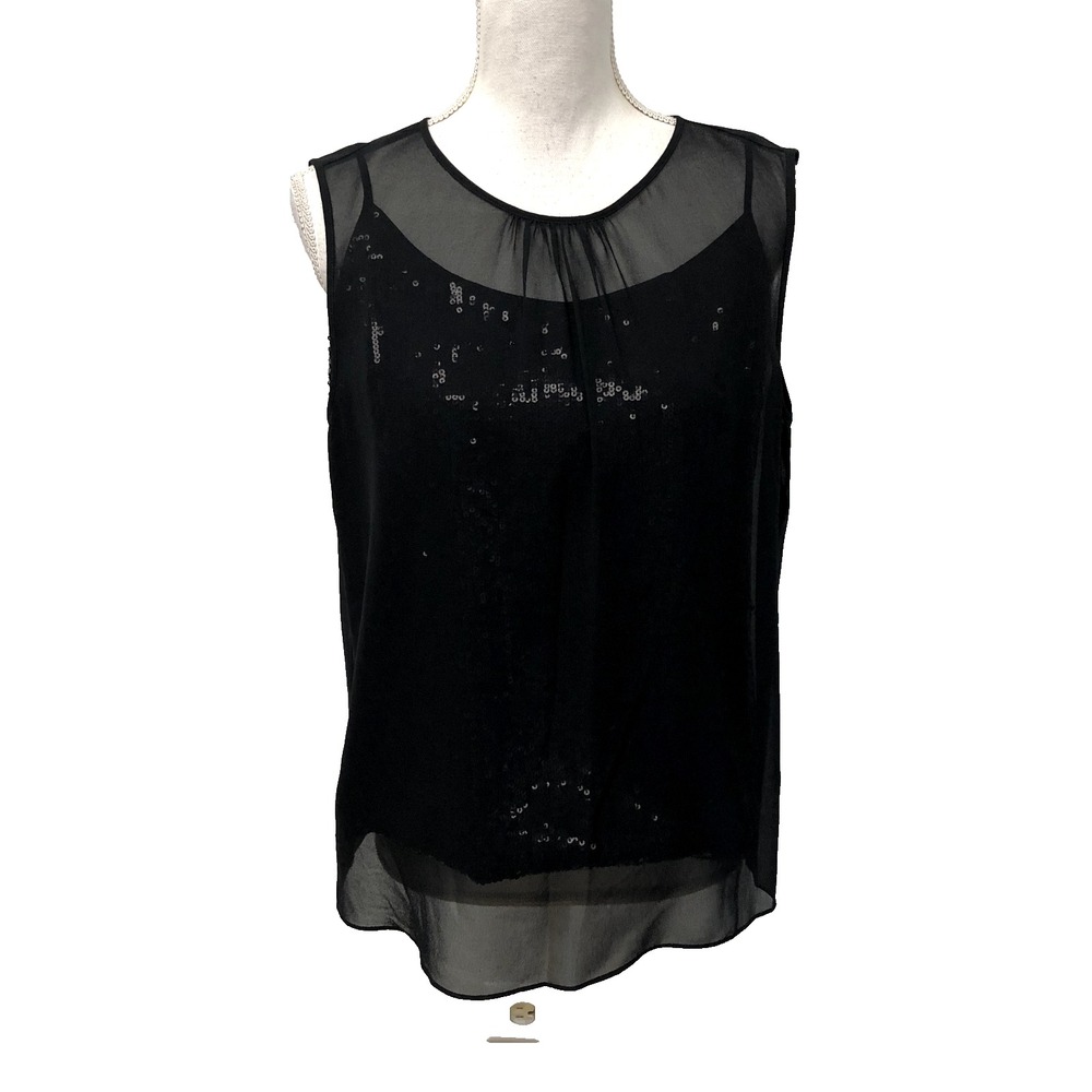 Talbots Sequin Chiffon Blouse Top Womens 12 Black Sleeveless Party Going Out